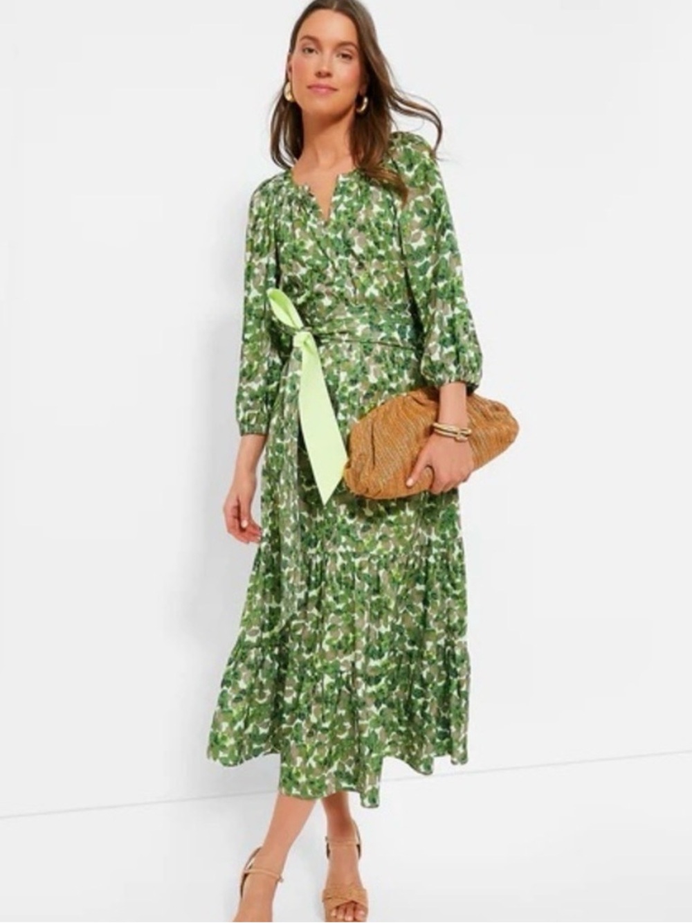 Tuckernuck Green Floral Tie-Waist Midi Dress